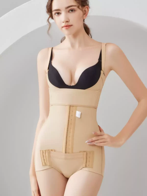 Beige open-bust front-hook compression bodysuit front model view