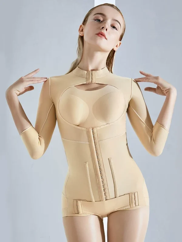 Beige high-neck open-bust three-quarter sleeve compression bodysuit front view