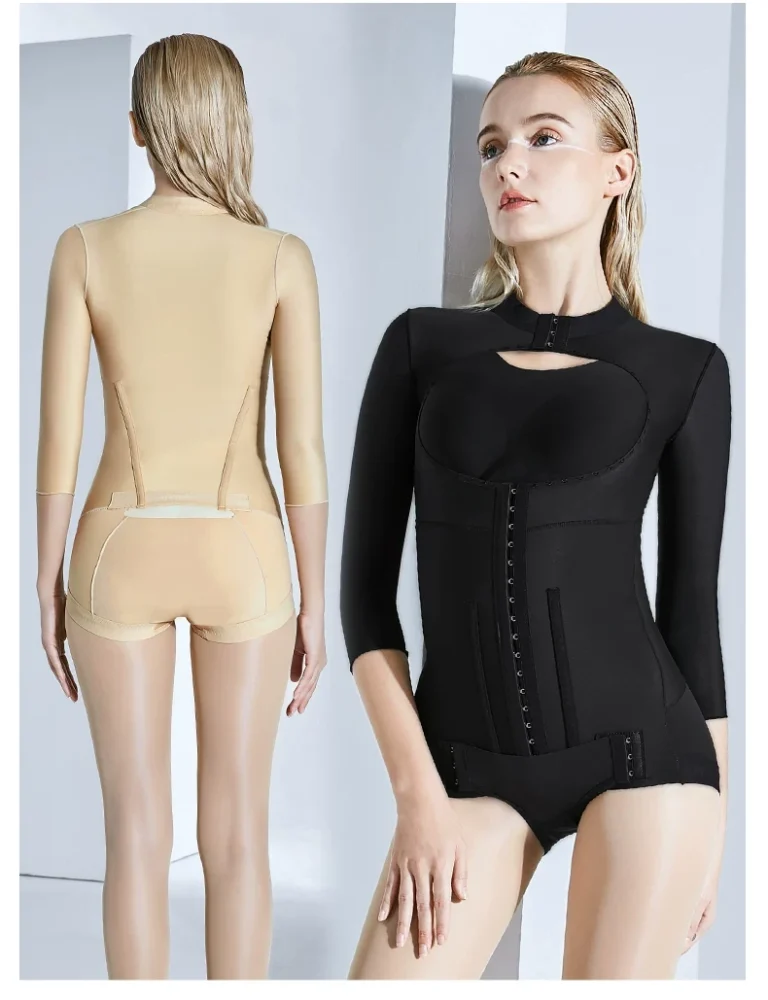 Black front and Beige back views of high-neck open-bust compression bodysuit