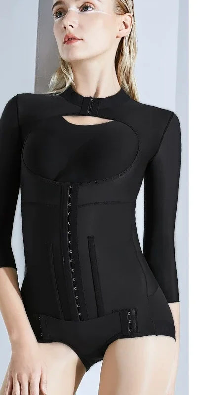 Black high-neck open-bust three-quarter sleeve compression bodysuit front view