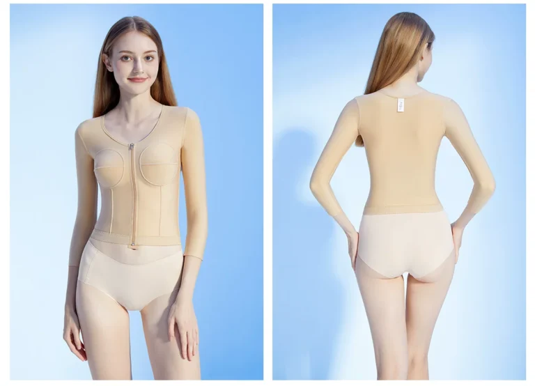 Beige post-op compression top front and back model views