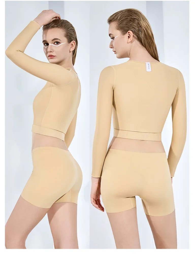 Beige post-op compression top side and back coverage view