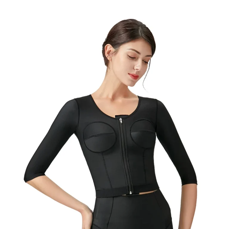 Black post-op compression top front view with three-quarter sleeves and front zipper