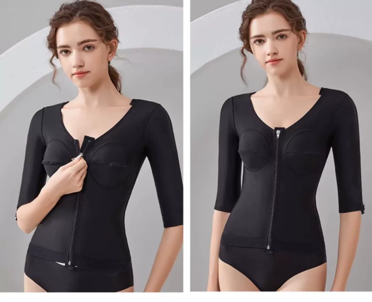 Black post-op compression top shown with zipper opening and fully closed