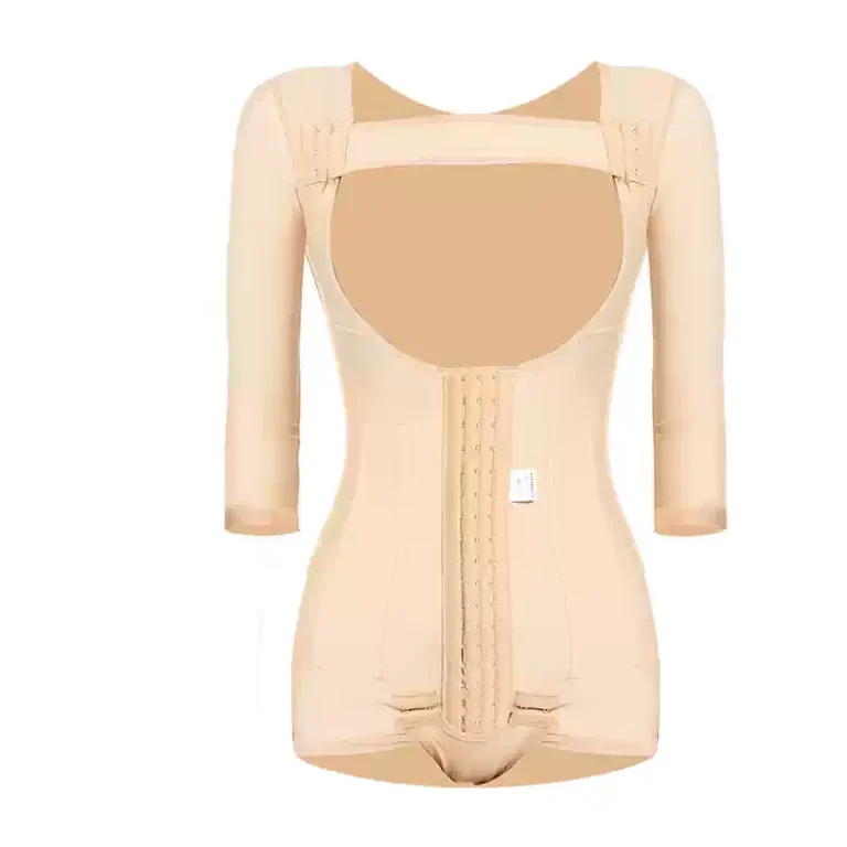 Beige open-bust three-quarter sleeve compression bodysuit product-only view