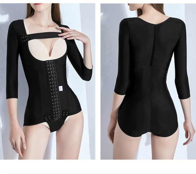 Black open-bust three-quarter sleeve compression bodysuit front and back views