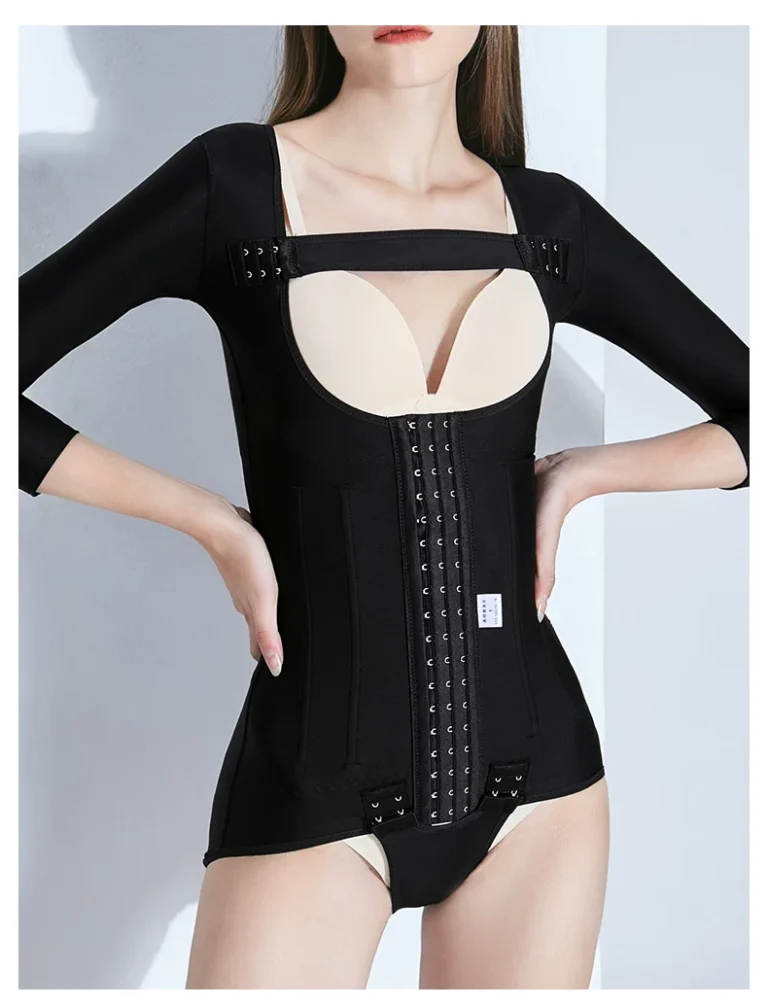 Black open-bust compression bodysuit close front view