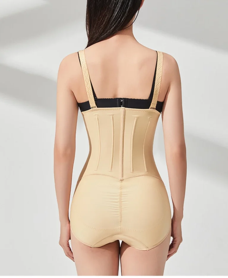 Beige high-waist open-bust compression bodysuit back view