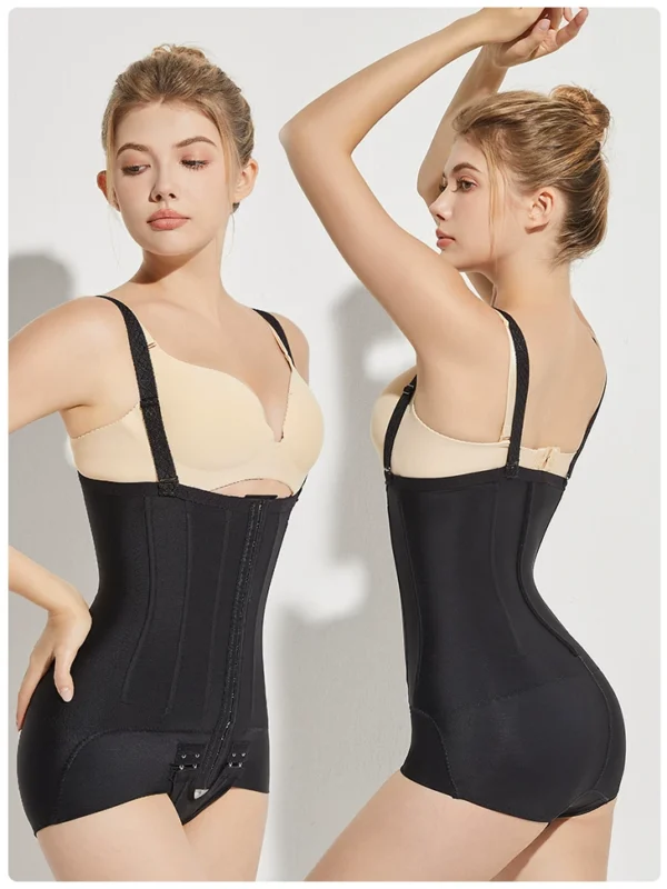 Black open-bust high-waist compression bodysuit front and back model views