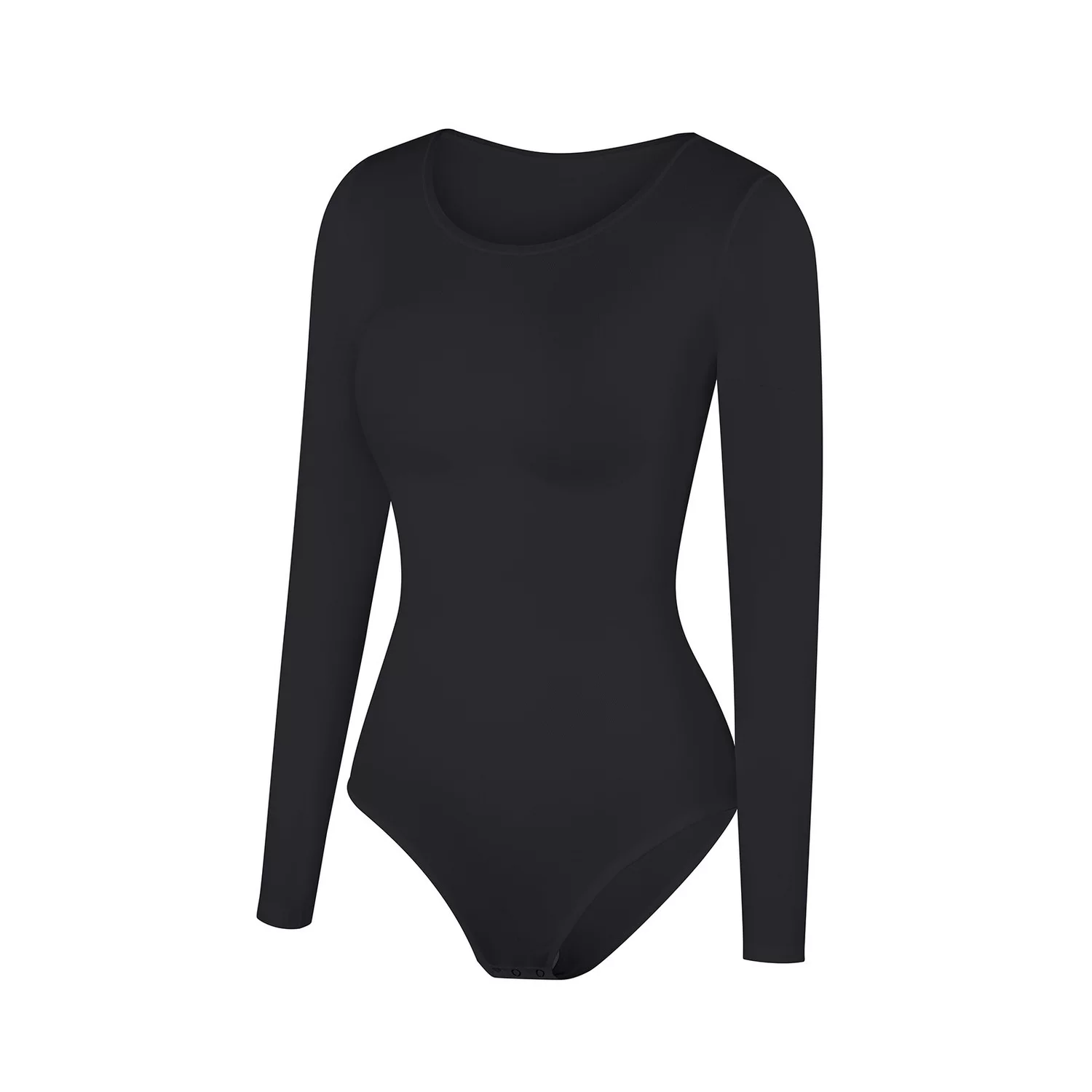 Black long-sleeve scoop-neck bodysuit angled product view with snap crotch