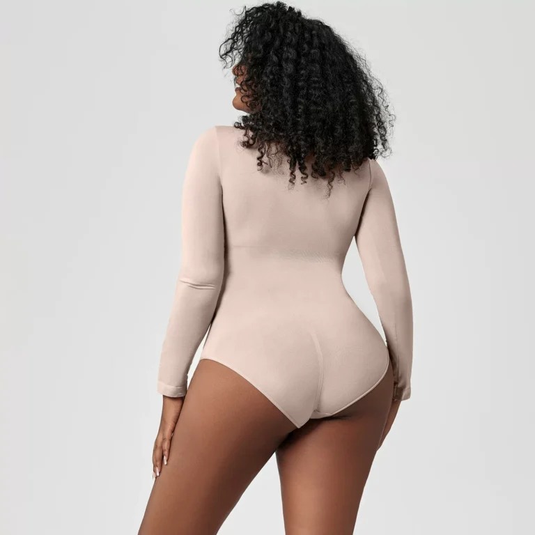 Skin Color long-sleeve bodysuit back view with brief coverage