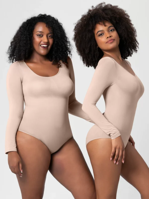 Two models wearing Skin Color long-sleeve scoop-neck bodysuits