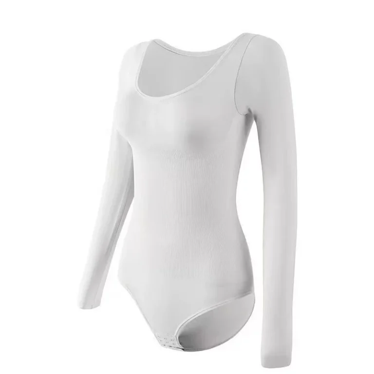 White long-sleeve scoop-neck bodysuit product view with three-snap crotch