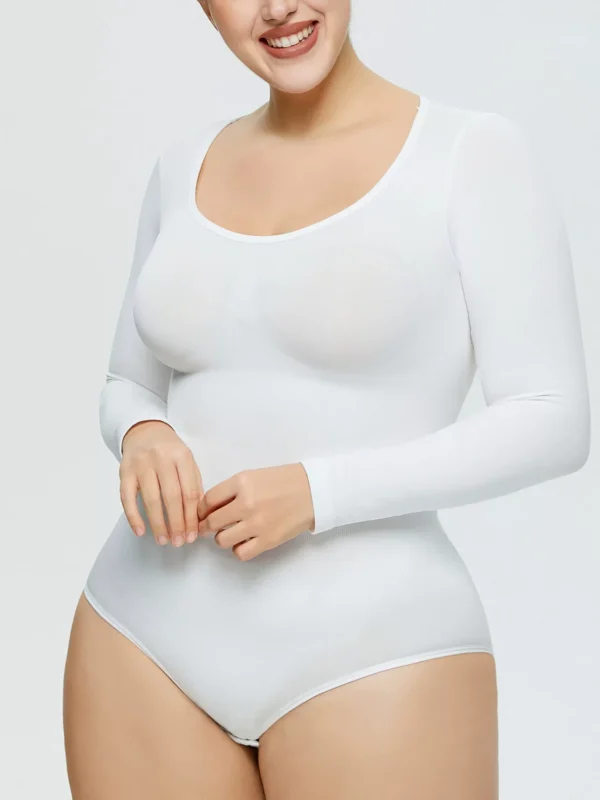 White long-sleeve scoop-neck bodysuit front view with brief coverage