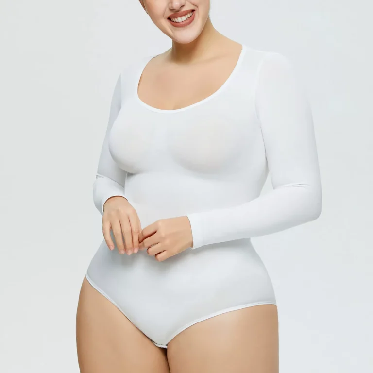 White long-sleeve scoop-neck bodysuit front view with brief coverage