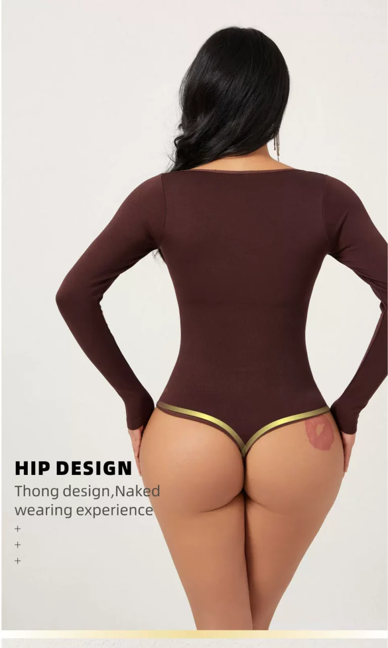 Brown long-sleeve scoop-neck bodysuit back view showing the thong cut