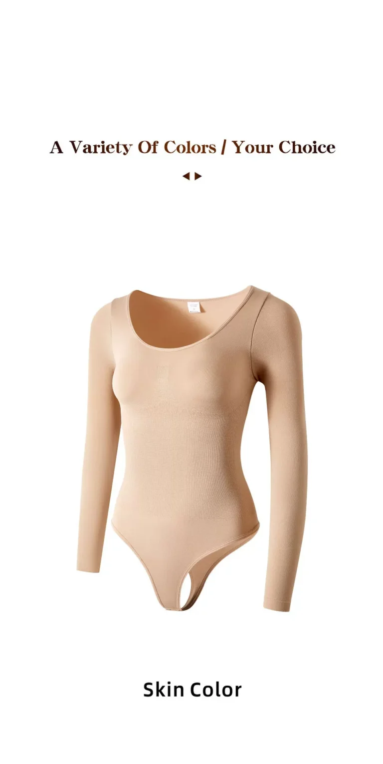 Nude long-sleeve scoop-neck thong bodysuit product view with open gusset