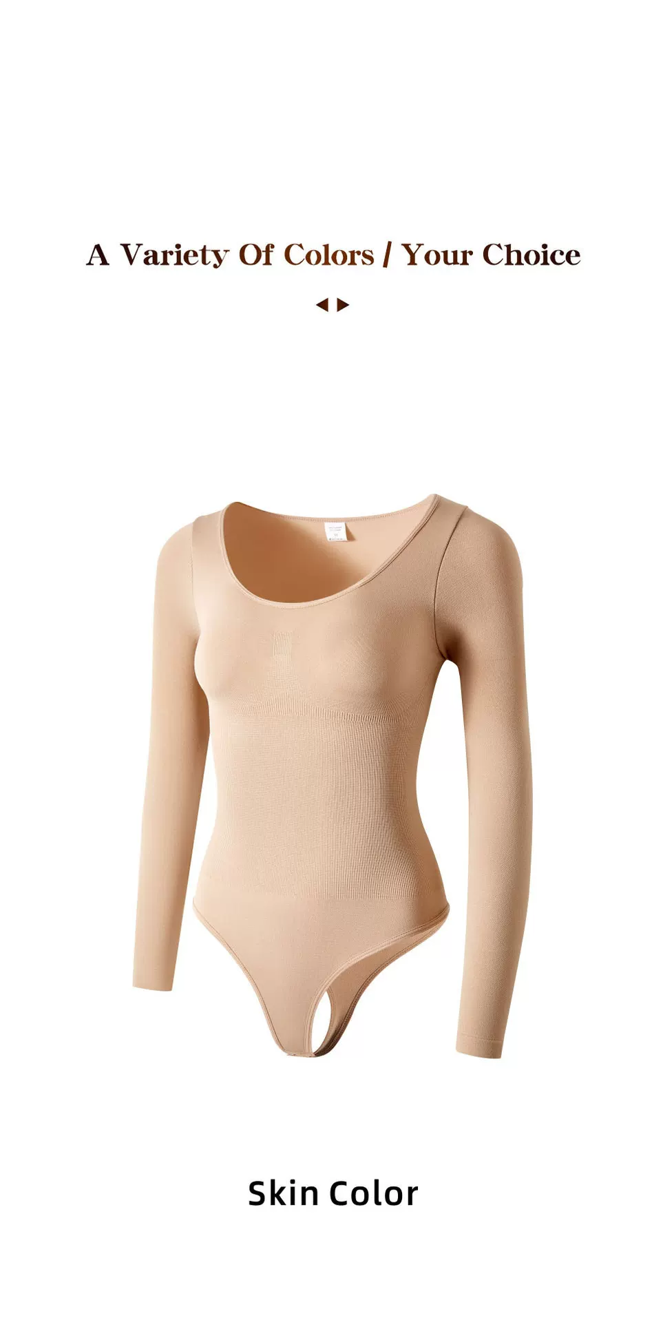 Nude long-sleeve scoop-neck thong bodysuit product view with open gusset