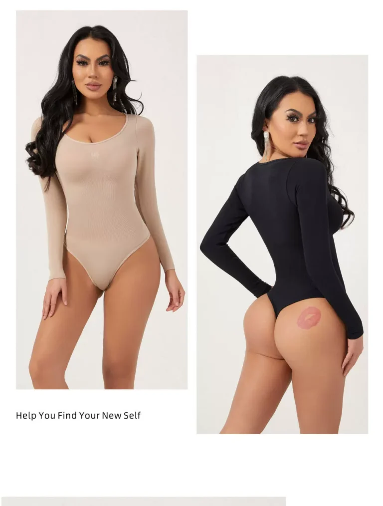 Nude front and Black back views of the long-sleeve scoop-neck thong bodysuit