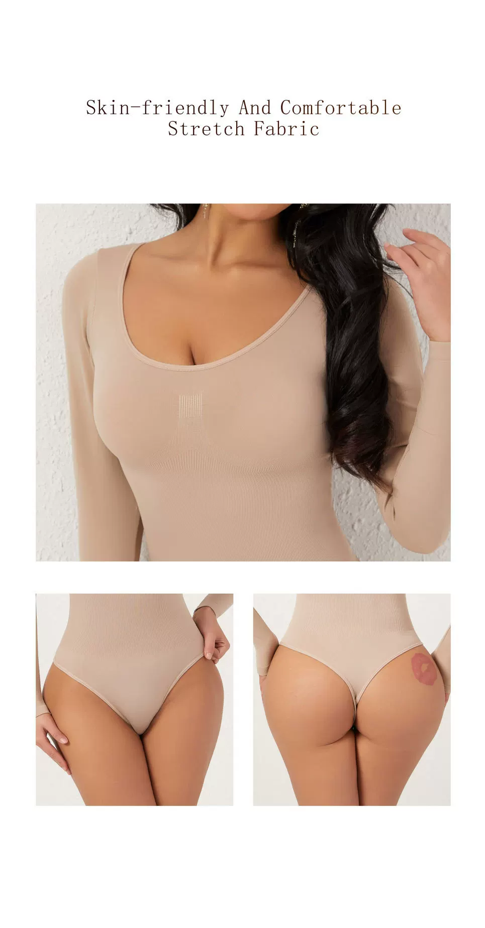 Nude bodysuit stretch-knit neckline waist and thong-back detail views