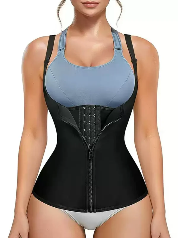 Black open-bust hook-and-zip shaping vest front fit