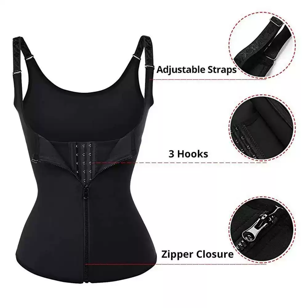 Black shaping vest feature callout showing adjustable straps, inner hooks and front zipper