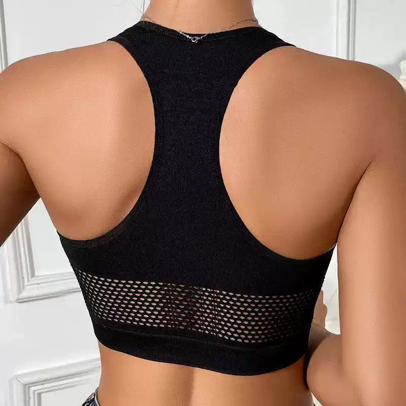 Qinelle black high-neck racerback crop top with lower-back mesh panel