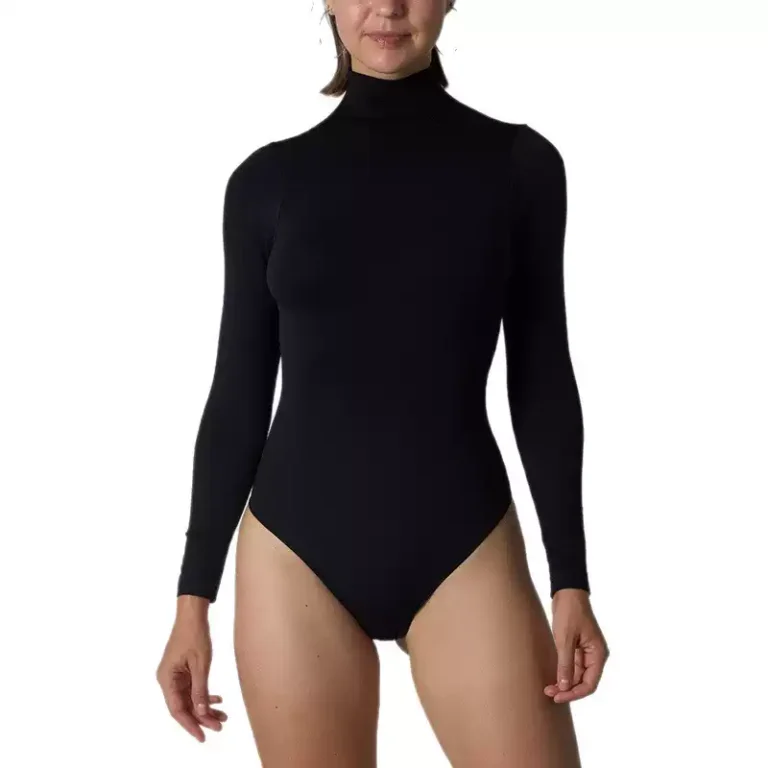 Black long-sleeve turtleneck bodysuit front view