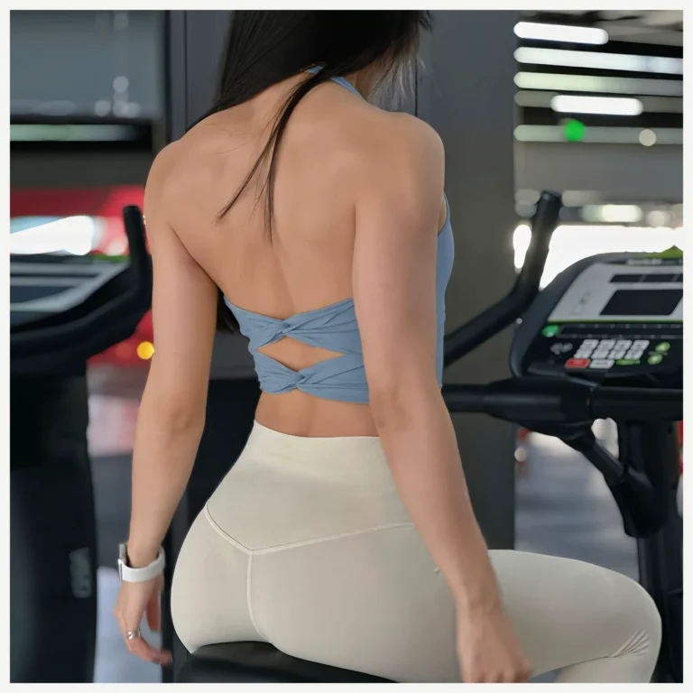 Light Blue twist-back sports crop top rear view