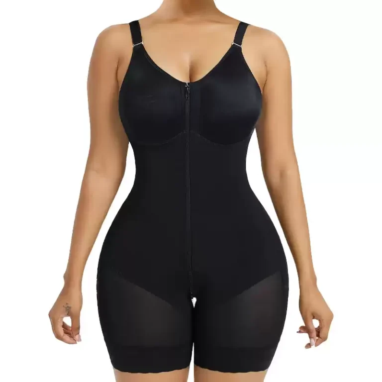 Black zip-front built-in bra shaping bodysuit clean front catalog view