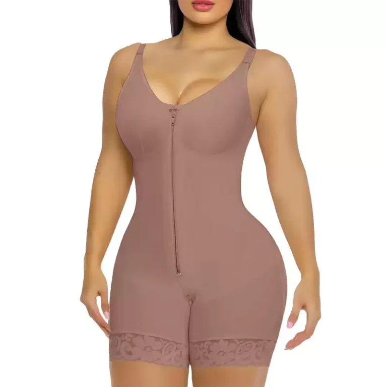 Brown zip-front built-in bra shaping bodysuit clean front catalog view
