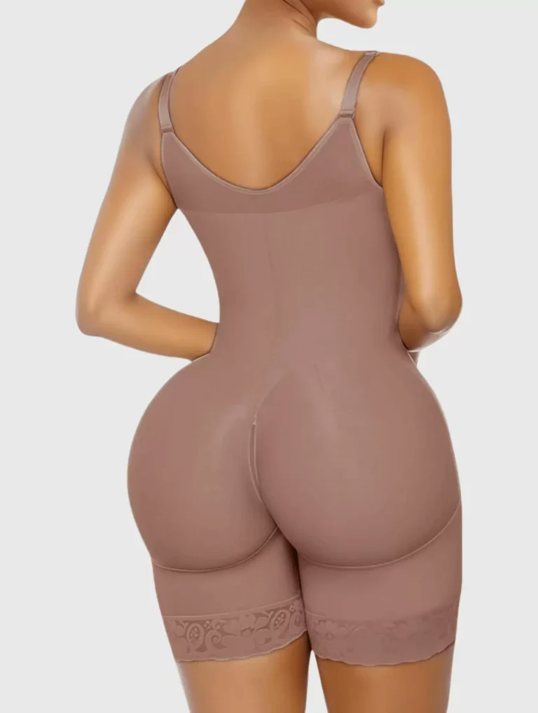 Brown shaping bodysuit back view on a model showing the scoop back and seat contour construction