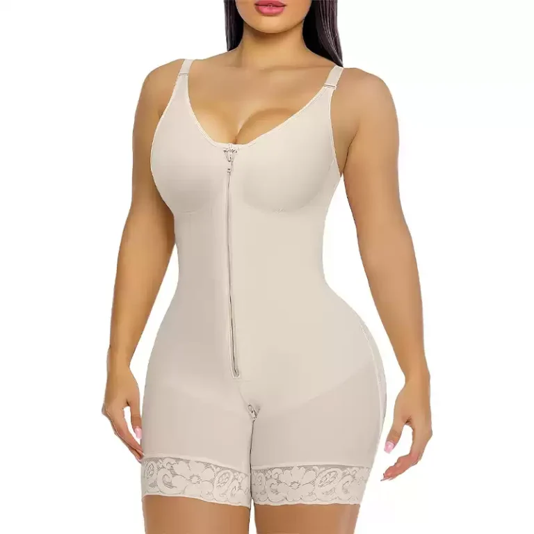 Nude zip-front built-in bra shaping bodysuit clean front catalog view