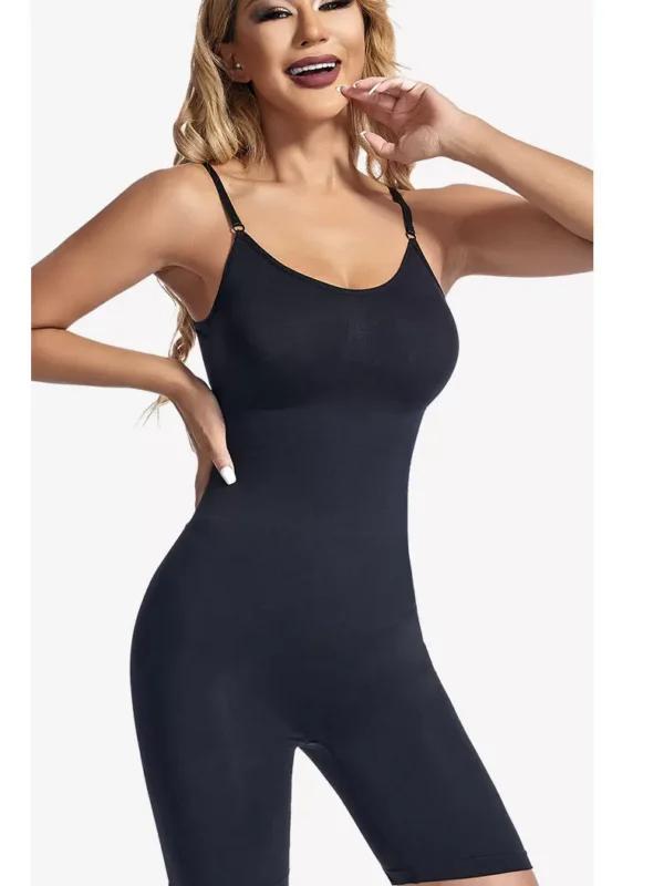 Black adjustable-strap mid-thigh shaping bodysuit, front view