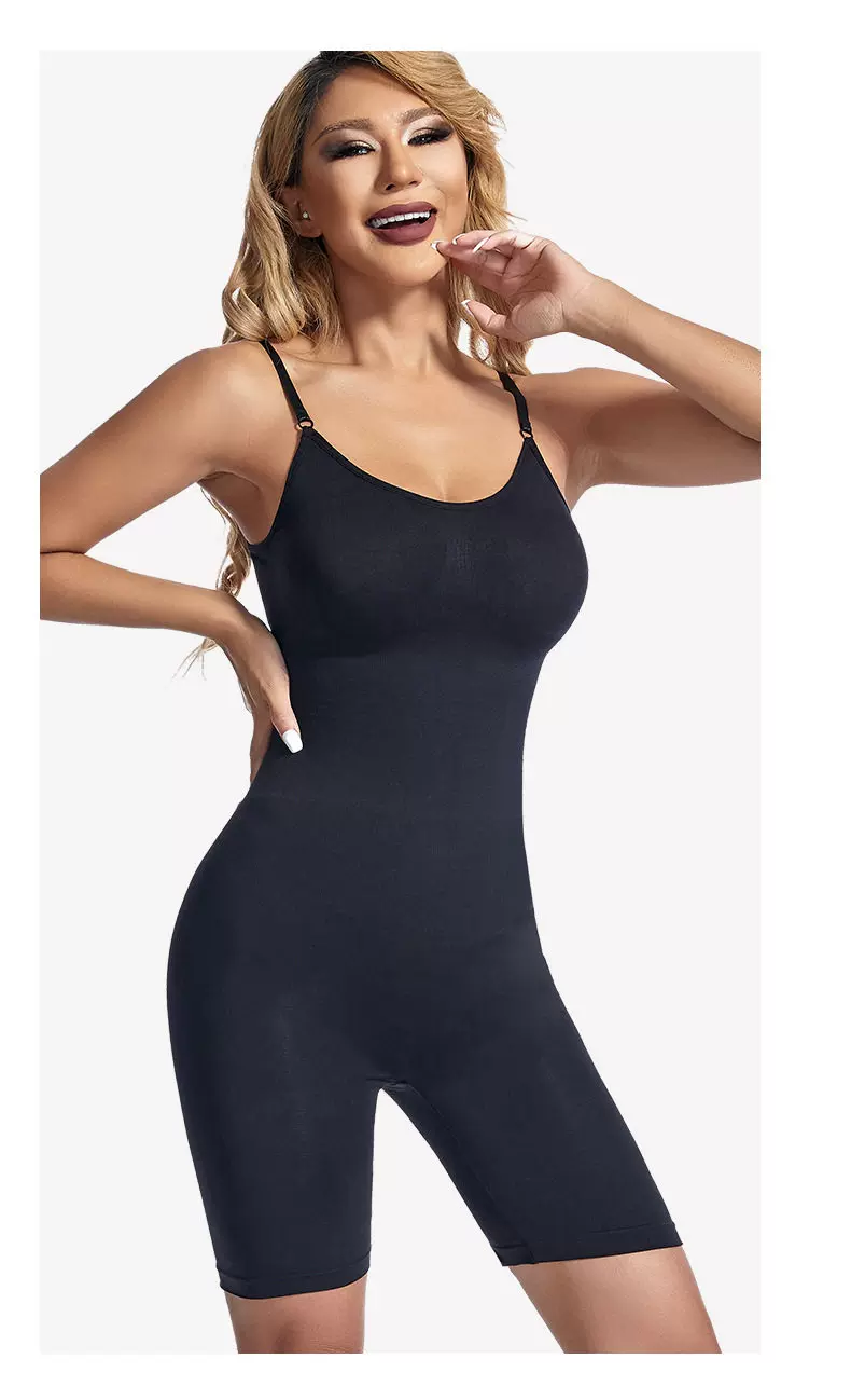Black adjustable-strap mid-thigh shaping bodysuit, front view