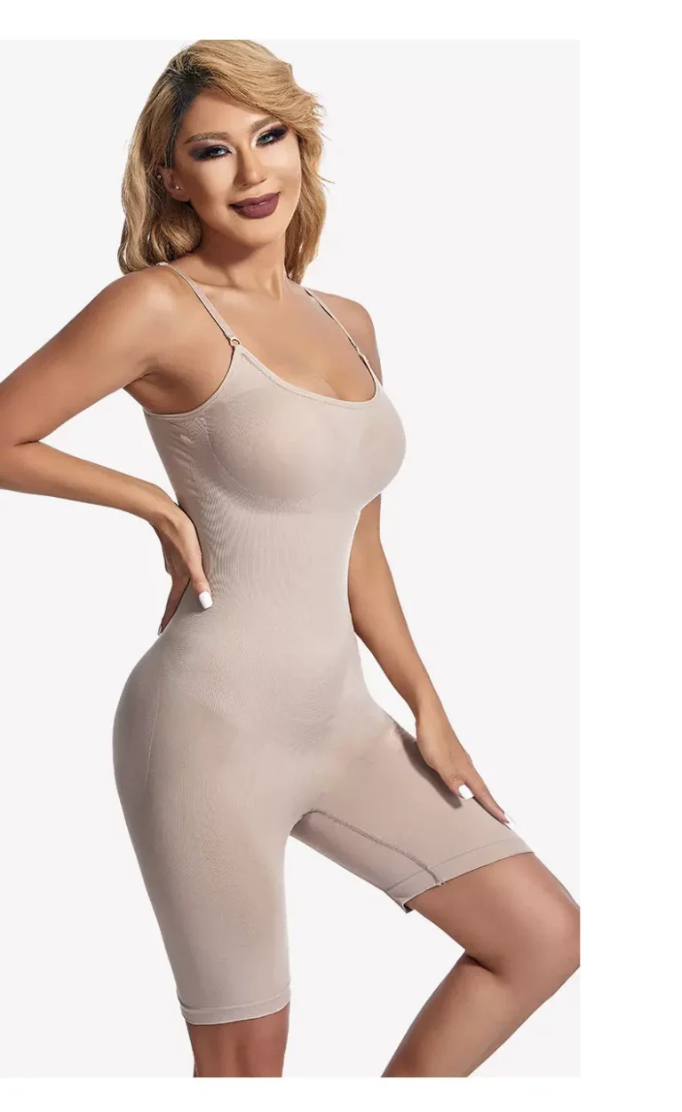 Nude adjustable-strap mid-thigh shaping bodysuit, front view