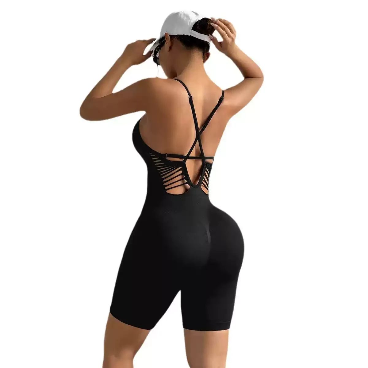 Qinelle Black seamless open-back spaghetti-strap shaping bodysuit back view