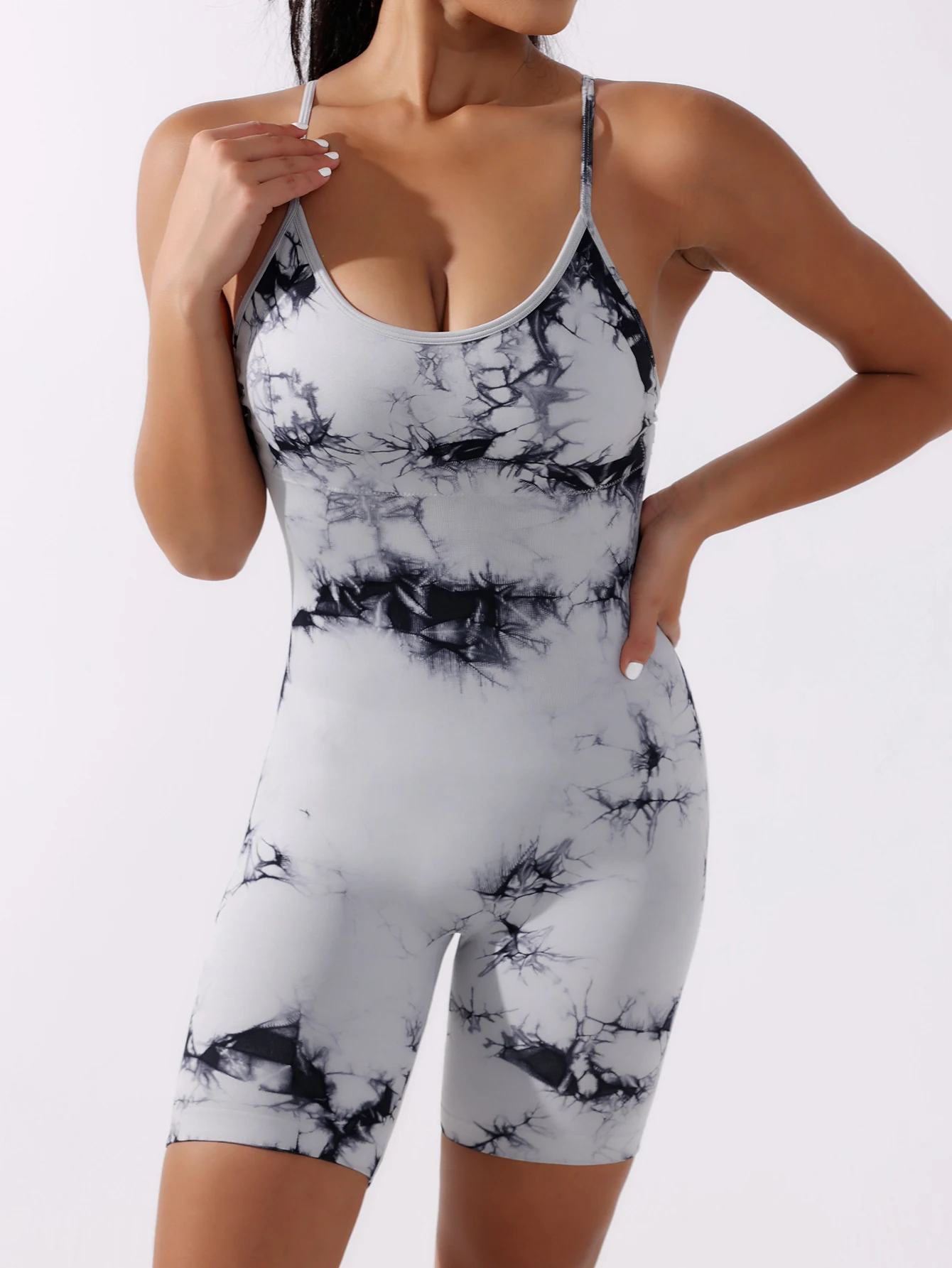 Qinelle BlackWhite seamless open-back spaghetti-strap shaping bodysuit front view