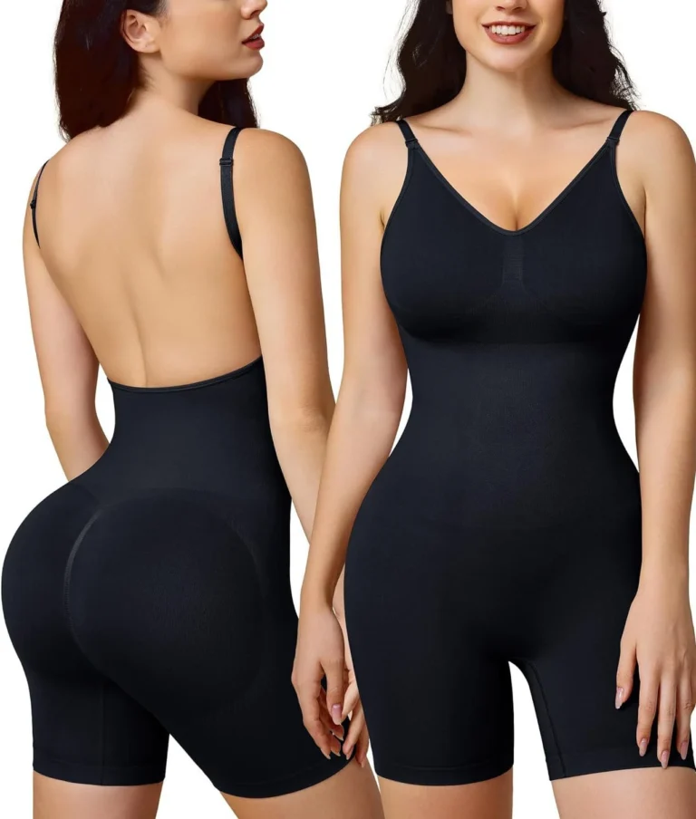Qinelle Black open-back butt-lifting seamless shaping bodysuit front and back view
