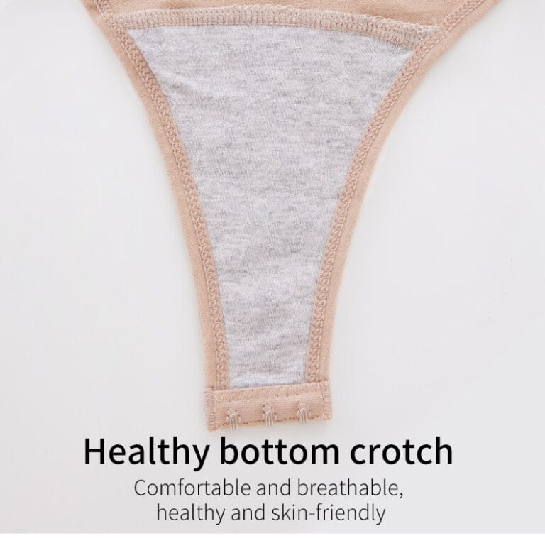 Qinelle seamless spaghetti-strap brief shaping bodysuit - Close-up gusset panel with breathable lining and snap area; English text overlay