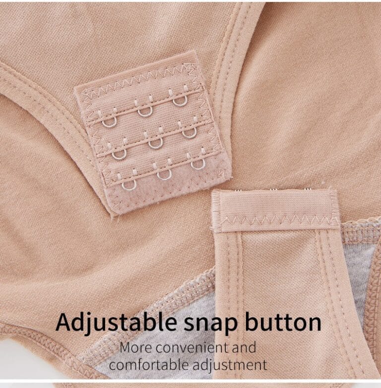 Qinelle seamless spaghetti-strap brief shaping bodysuit - Close-up adjustable snap closure; English text overlay
