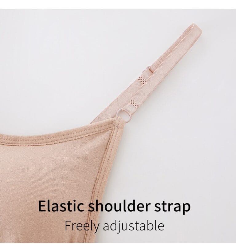Qinelle seamless spaghetti-strap brief shaping bodysuit - Close-up adjustable elastic shoulder strap; English text overlay