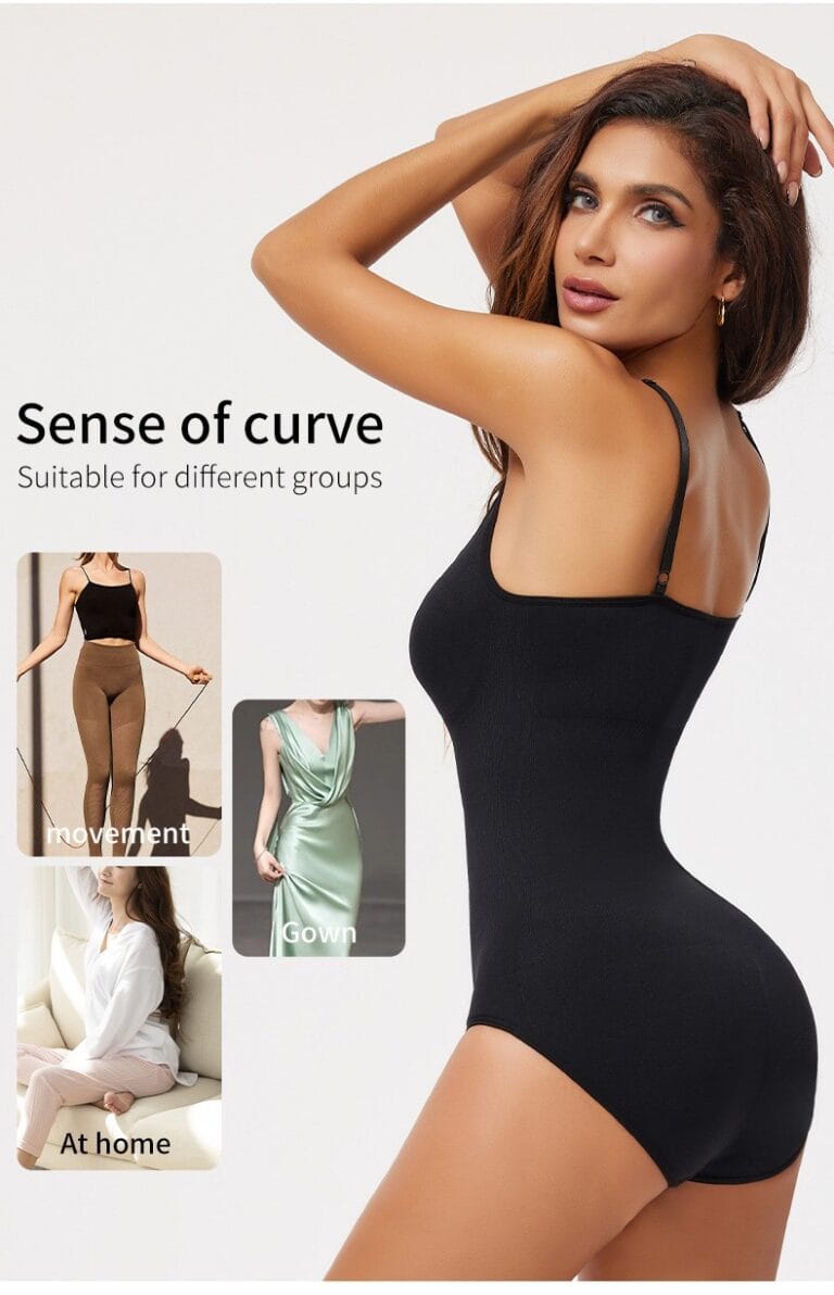 Qinelle seamless spaghetti-strap brief shaping bodysuit - Black bodysuit model with scene callouts; text overlay