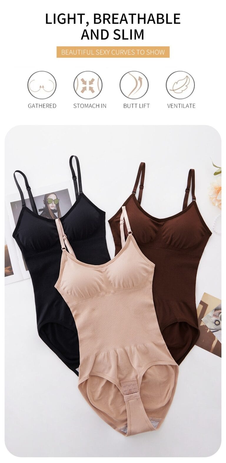 Qinelle seamless spaghetti-strap brief shaping bodysuit - Three-color flatlay panel with feature icons/text