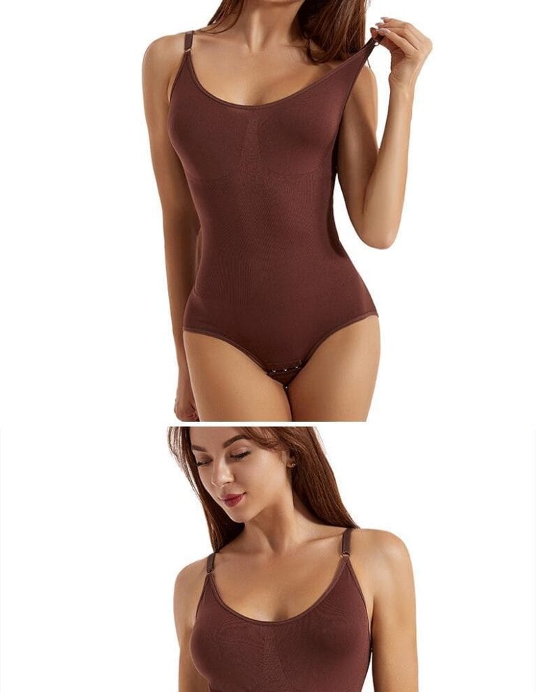 Qinelle seamless spaghetti-strap brief shaping bodysuit - Brown model front collage; useful secondary image
