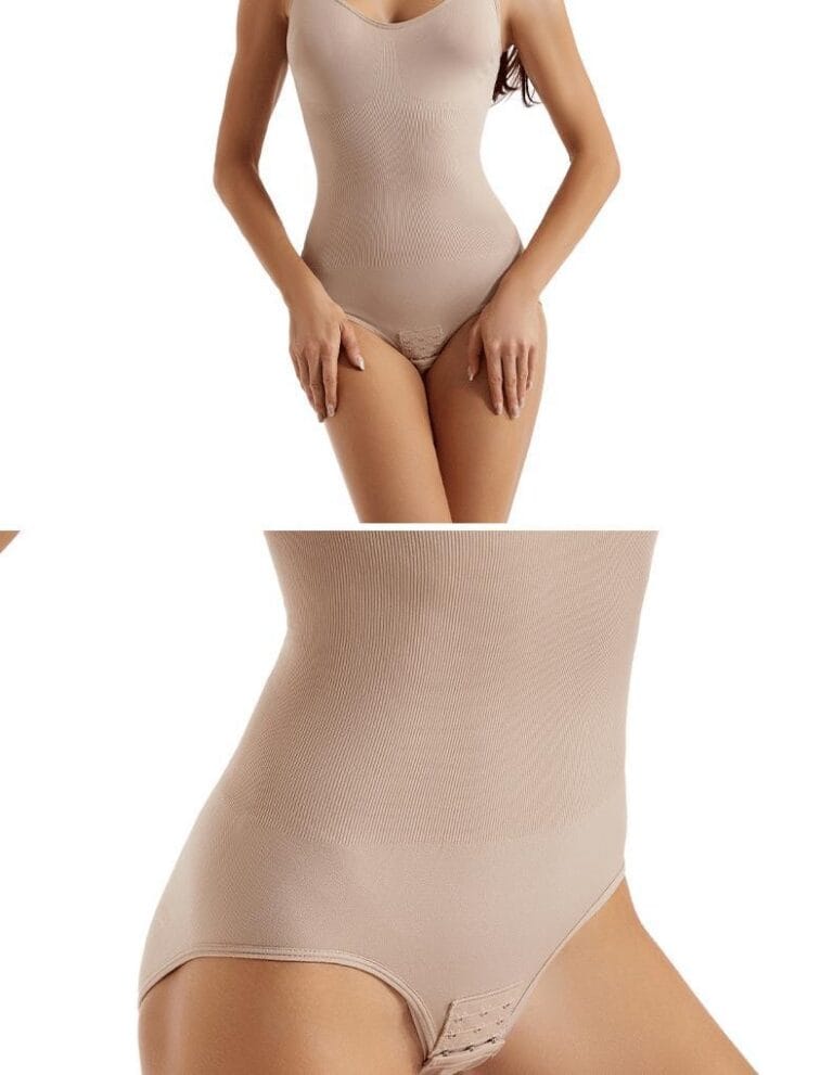 Qinelle seamless spaghetti-strap brief shaping bodysuit - Nude model front and fabric detail collage; useful secondary image