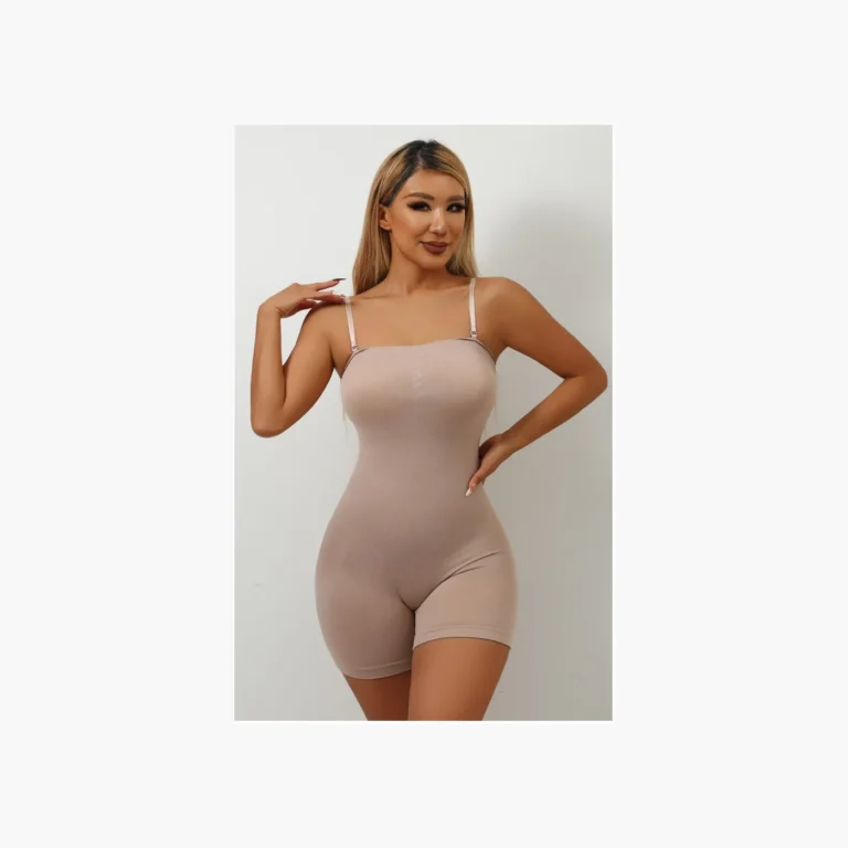 Beige seamless shaping bodysuit with shorts and adjustable straps