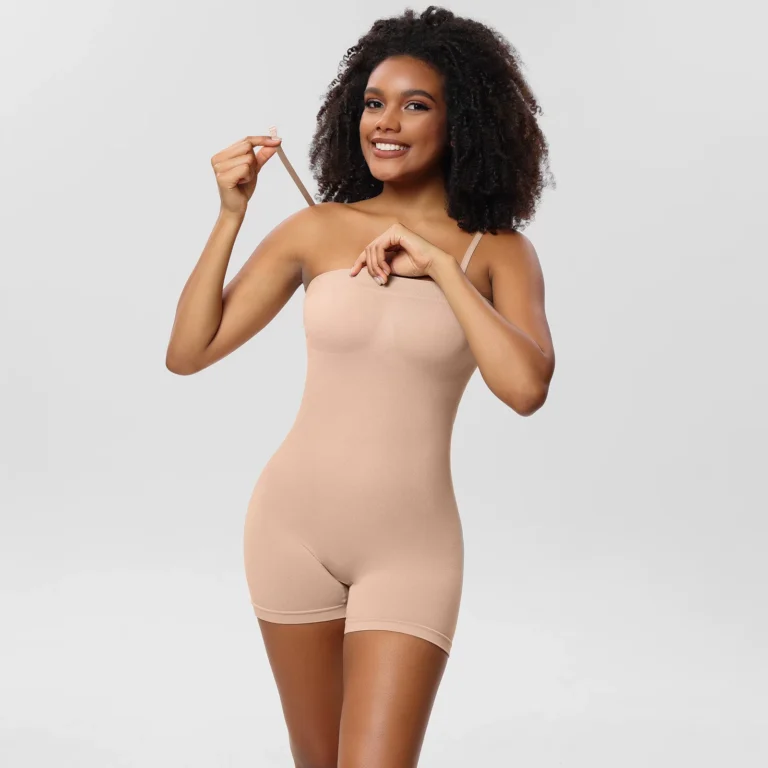 Beige convertible-strap shaping bodysuit showing one removable shoulder strap