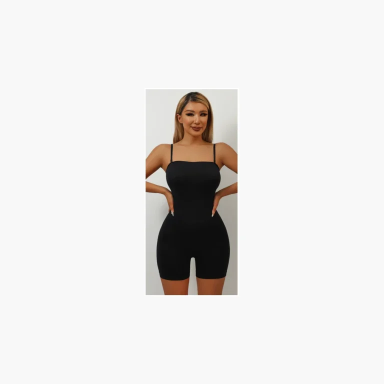 Black seamless shaping bodysuit with shorts and thin adjustable shoulder straps
