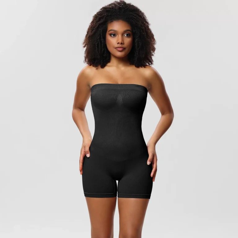 Black seamless shaping bodysuit with shorts worn strapless from the front